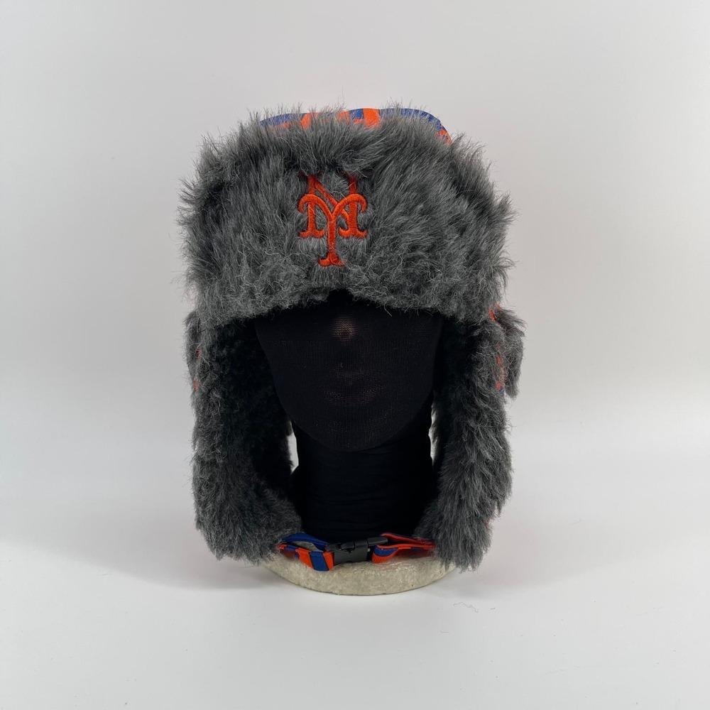 New York Mets Justworks Trapper Hat Blue Orange Plaid Faux Fur Ear Flap Cap